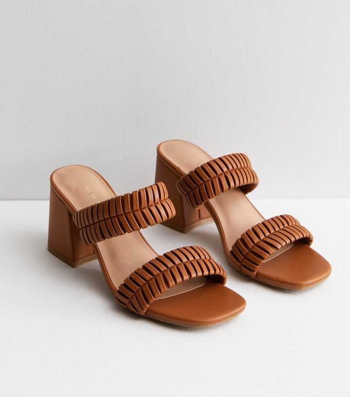 Tan Plaited Double Strap Block Heel Mule Sandals