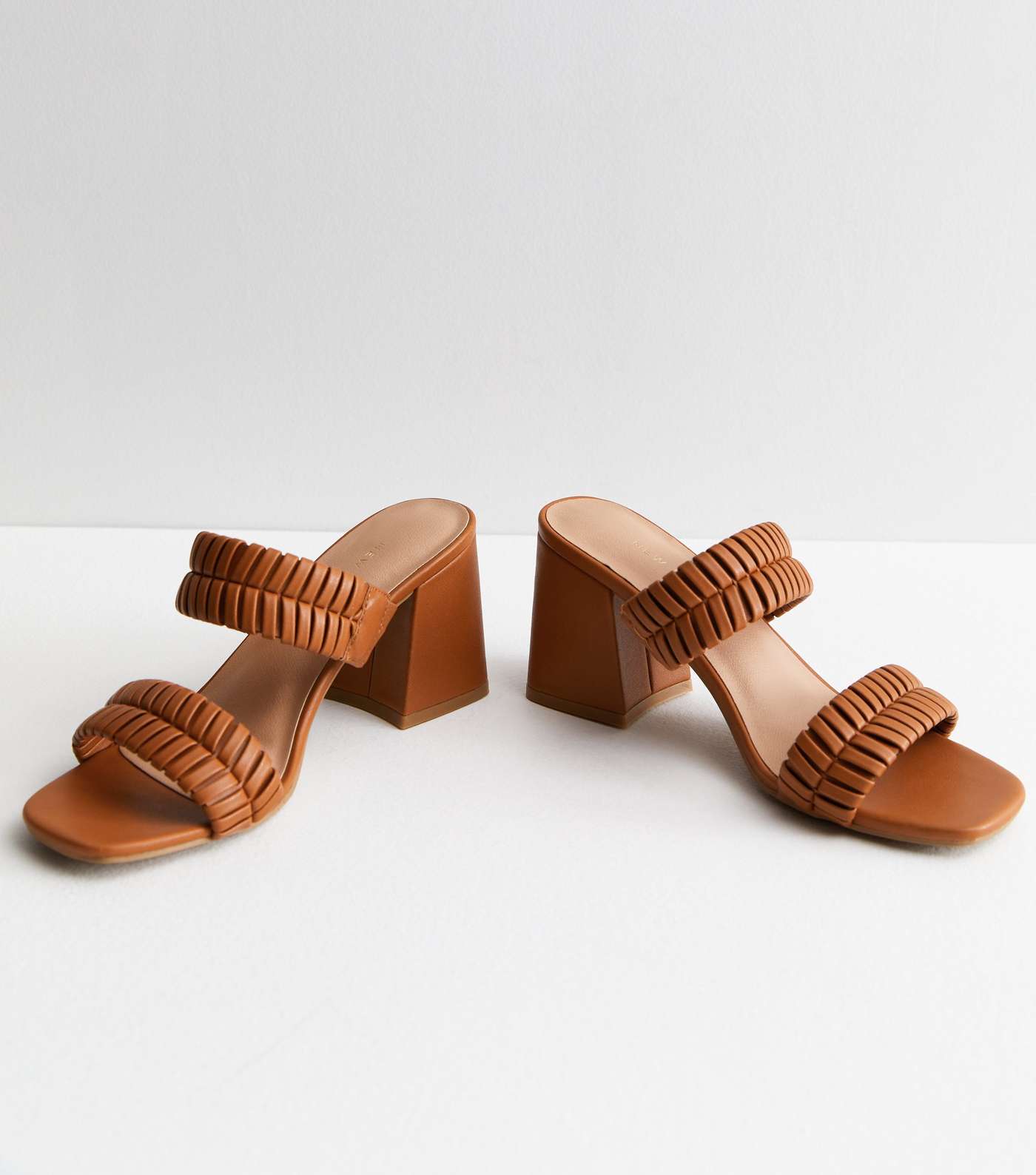 Tan Plaited Double Strap Block Heel Mule Sandals Image 4
