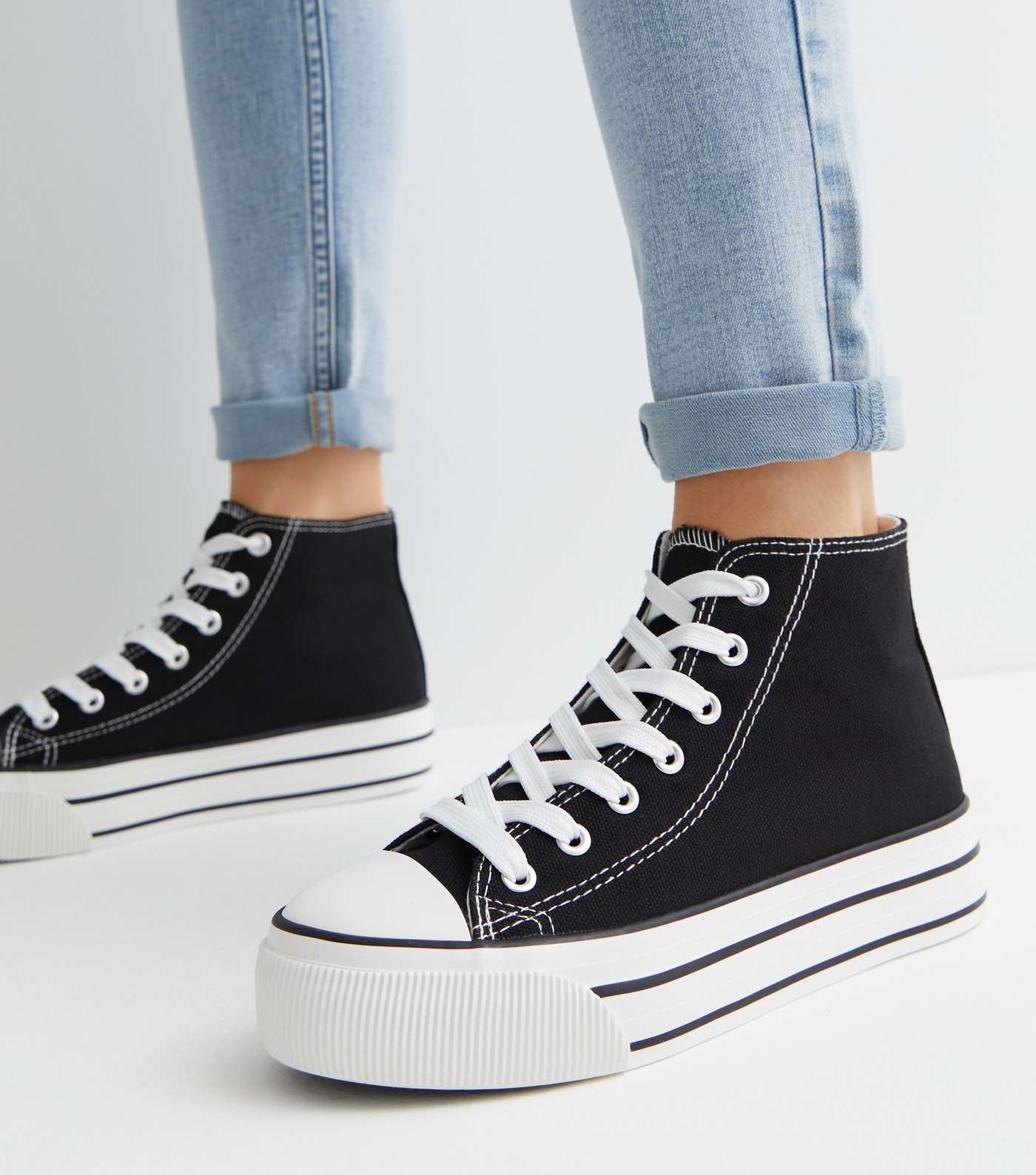 Black Double Stripe Canvas High Top Trainers Image 2