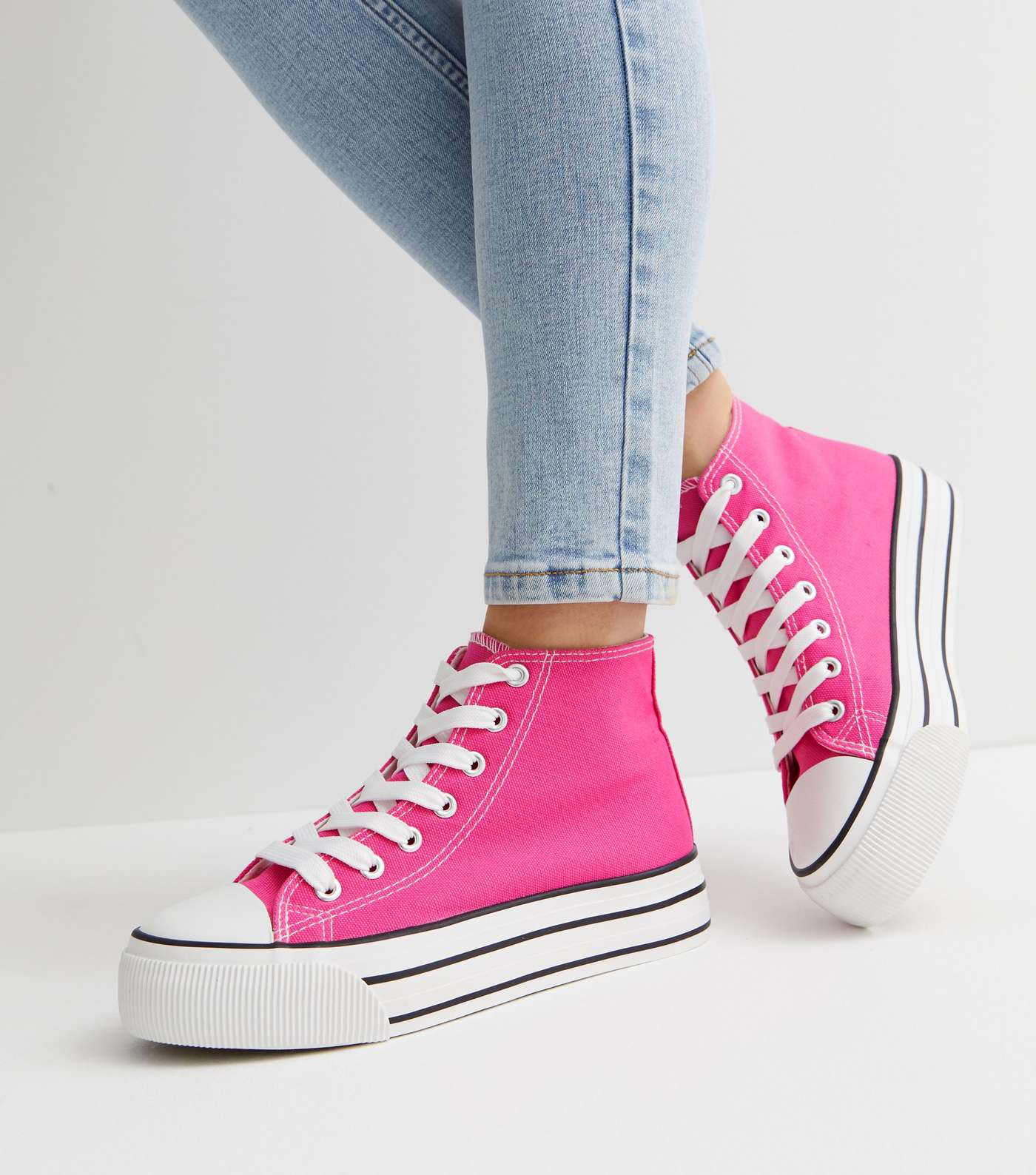 Bright Pink Double Stripe Canvas High Top Trainers Image 2