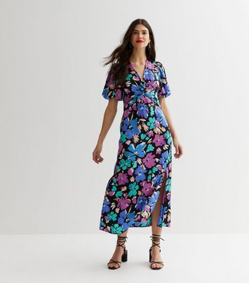 Apricot Black Floral Paisley Shirred Midi Dress | New Look