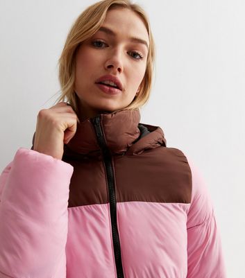 Noisy May Pink Colour Block Hooded Long Sleeve Padded Coat New Look