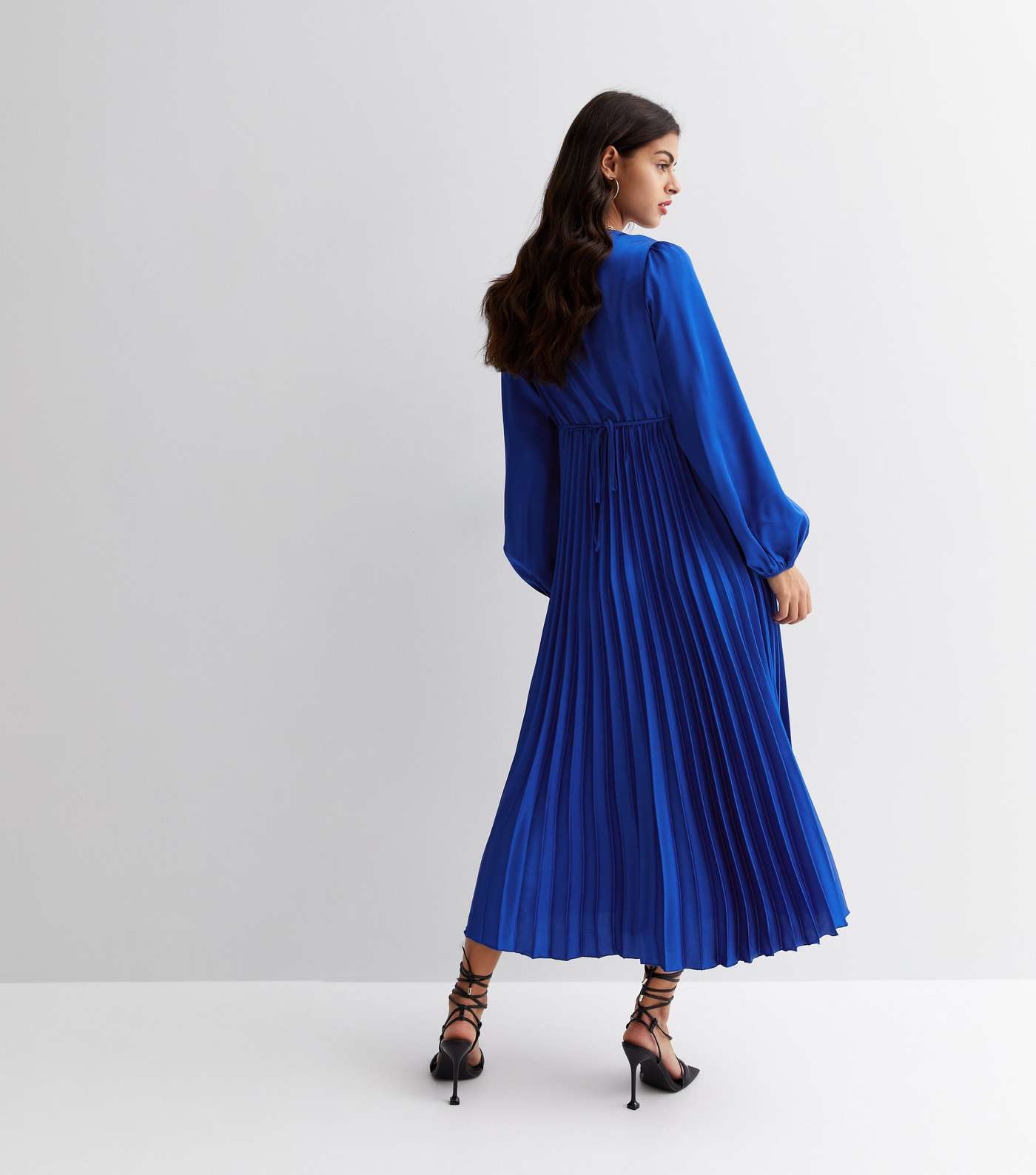 Blue Satin Twist Front Pleated Skirt Midi Dress Image 4