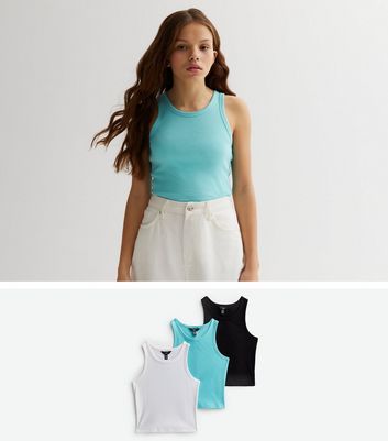 Girls 3 Pack Turquoise Black and White Ribbed Jersey Racer Vests