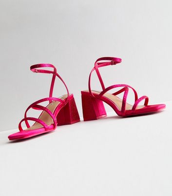Pink Faux Croc Strappy Block Heel Sandals | New Look