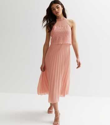 Pale Pink Lace Pleated Halter Midi Dress