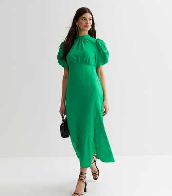 Green Jacquard Satin Puff Sleeve Midi Dress