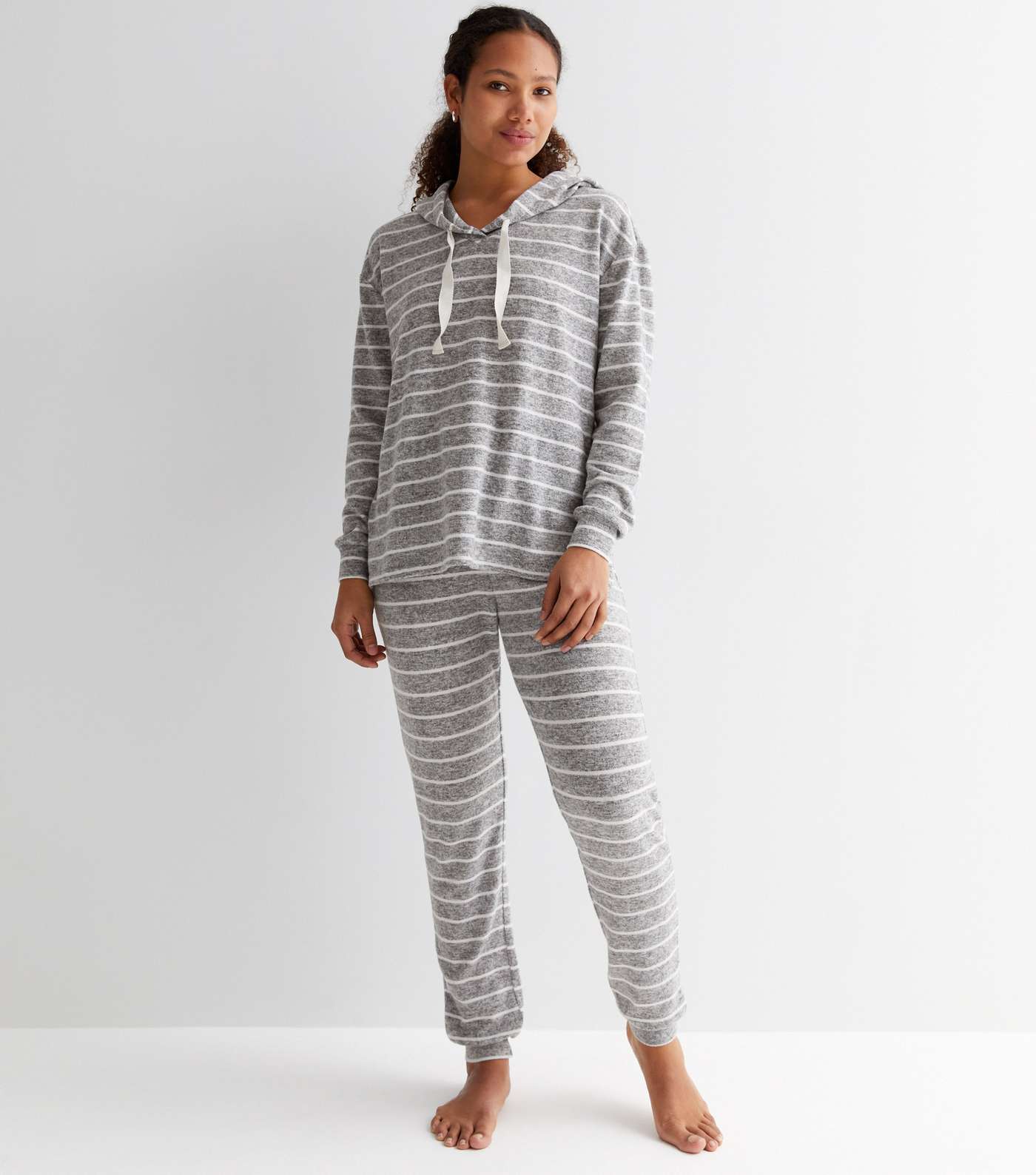 Light Grey Stripe Brushed Pyjama Hoodie Image 3