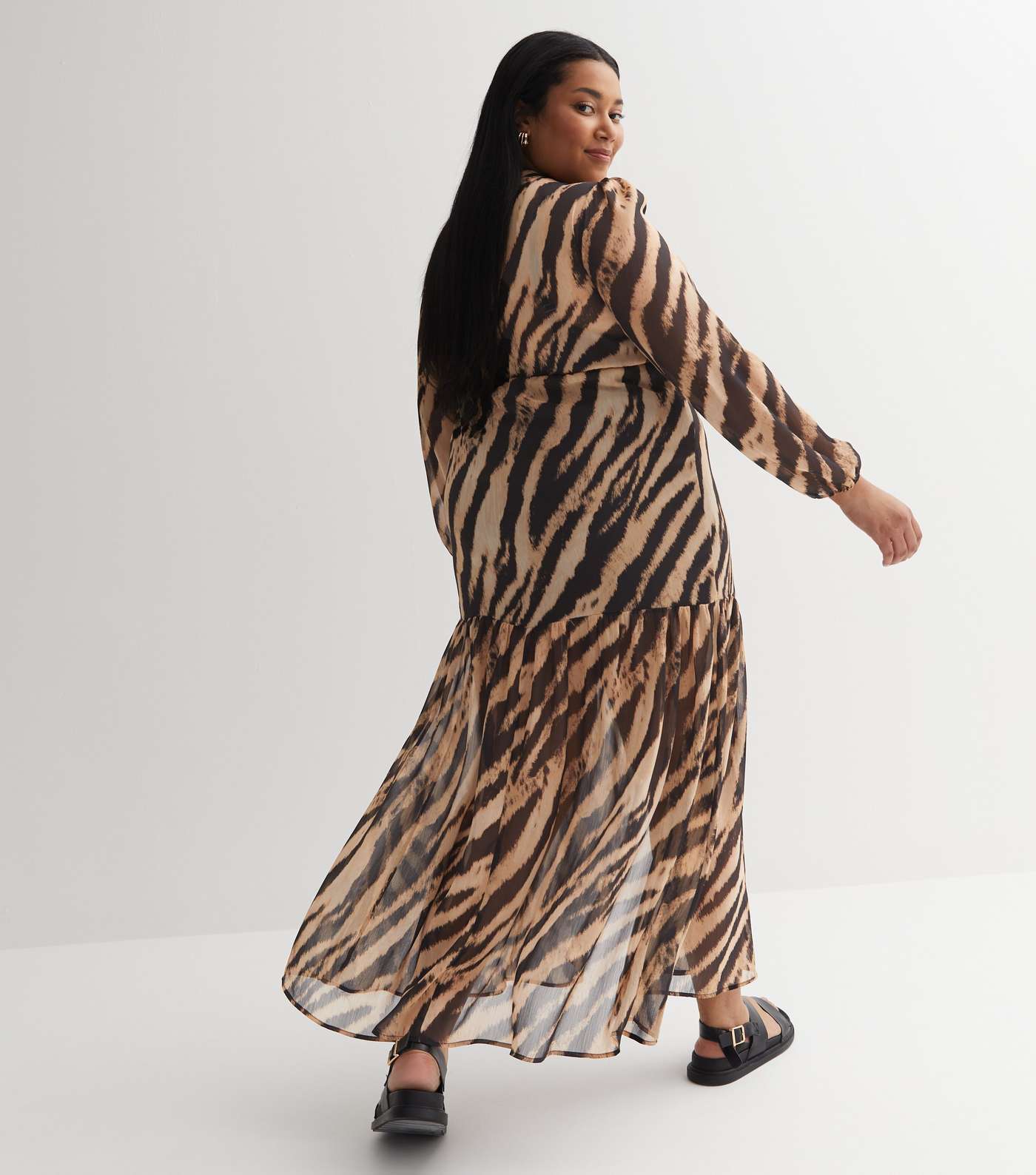 Brown Tiger Print Chiffon Puff Sleeve Maxi Dress Image 6