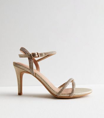 Wide Fit Gold Diamanté 2 Part Cross Strap Stiletto Heel Sandals
