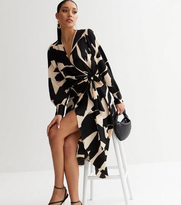 Off White Abstract Long Sleeve Midi Wrap Dress
