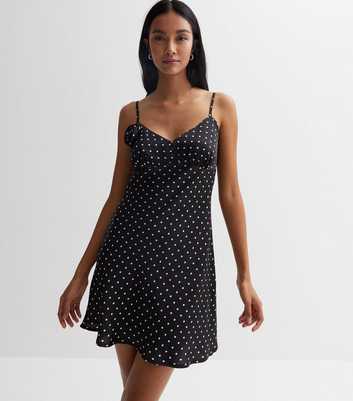 Black Spot Satin Corsage Strappy Mini Dress