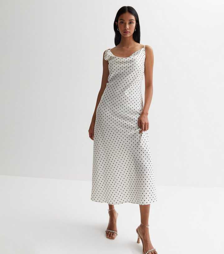 White Spot Satin Strappy Corsage Cowl Neck Midi Dress