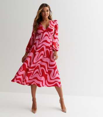 Pink Doodle Print Satin Puff Sleeve Midi Dress