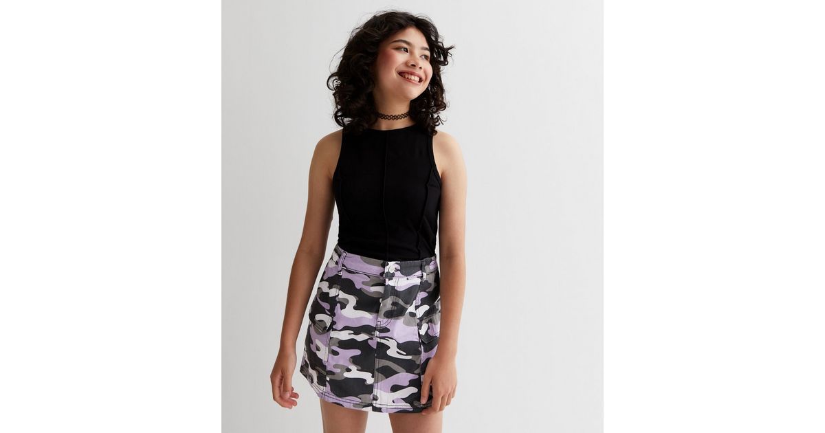 Girls Purple Camo Denim Cargo Skirt New Look