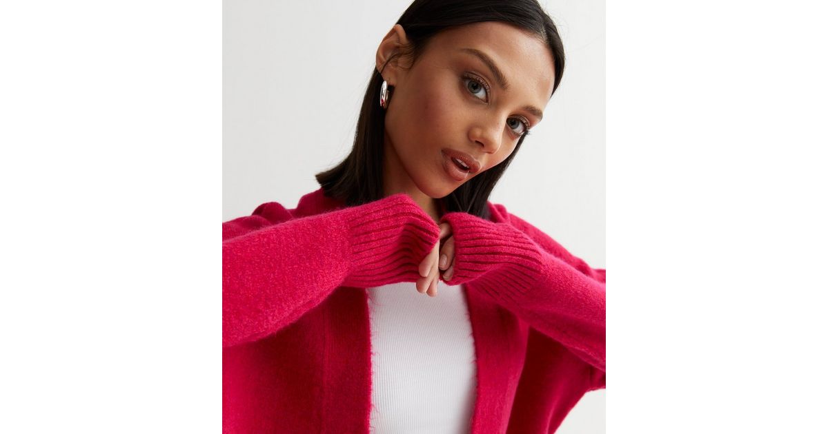 Bright Pink Long Sleeve Ribbed Hem Cardigan New Look