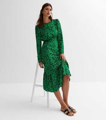 Green Leopard Print Tie Back Tiered Midi Dress
