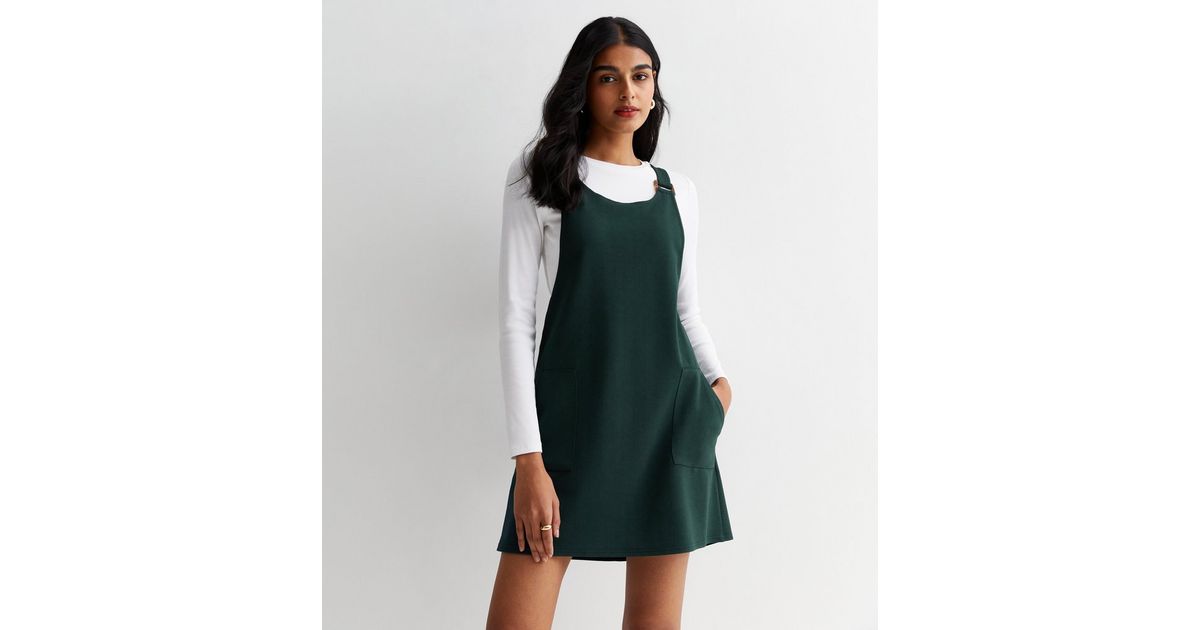 Dark Green Pocket Front Pinafore Dress New Look