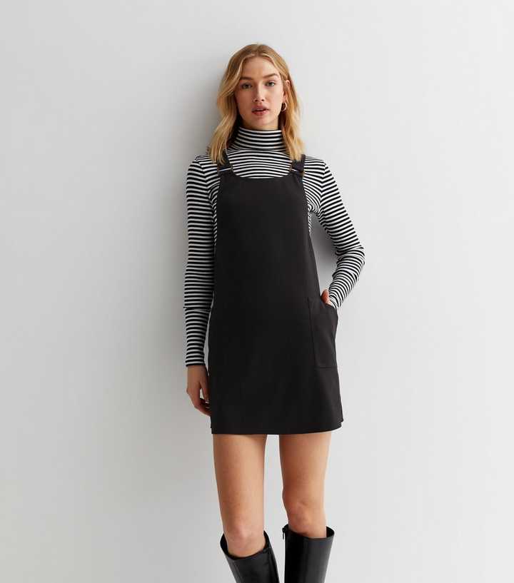 Black Crepe Square Neck Pocket Front Pinafore Dress