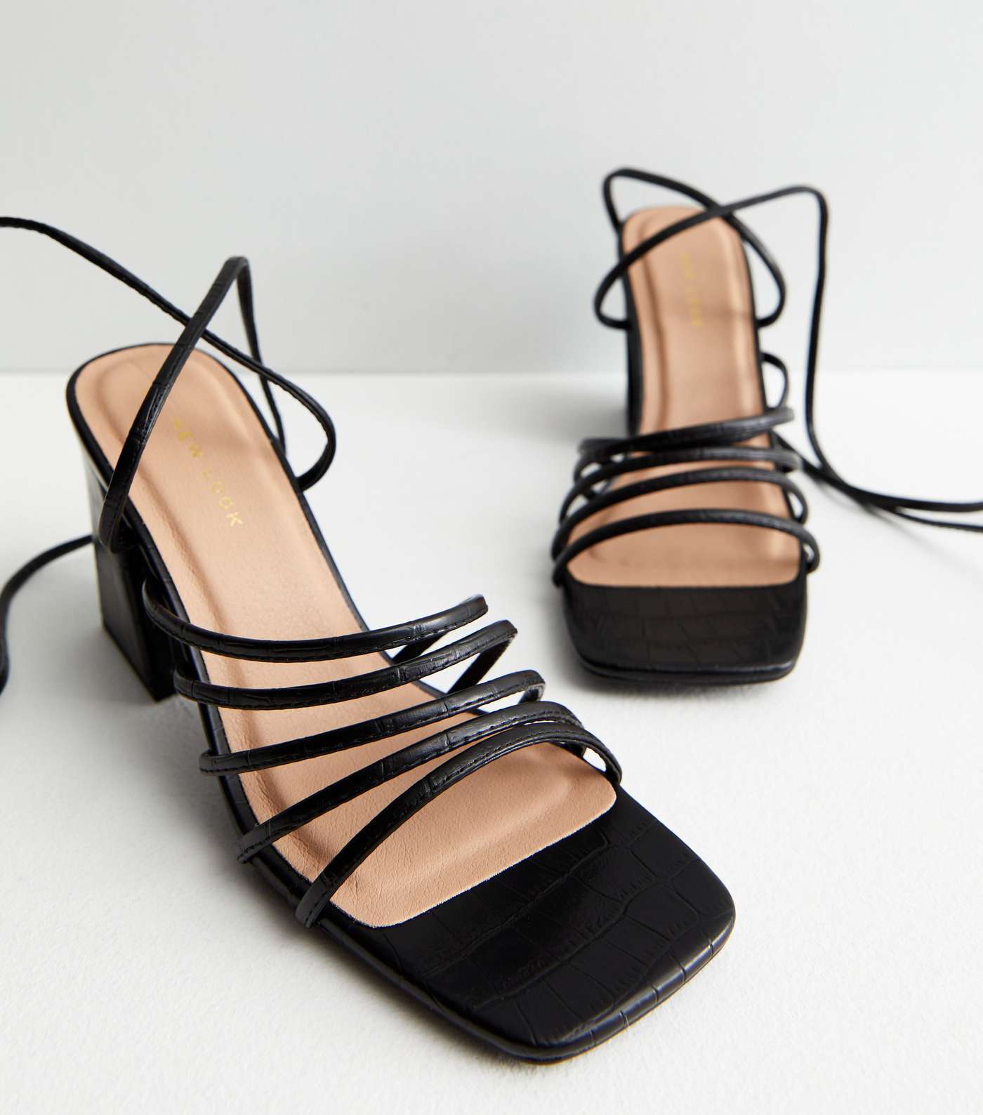 Black Faux Croc Strappy Ankle Tie Block Heel Sandals | New Look