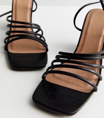 Black Faux Croc Strappy Ankle Tie Block Heel Sandals New Look