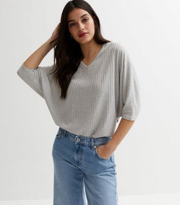 Pale Grey Ribbed Fine Knit V Neck Batwing Top