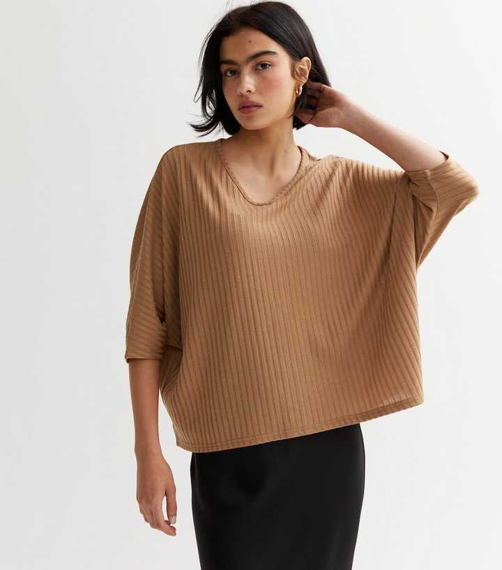 Tan Ribbed Fine Knit V Neck Batwing Top