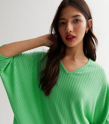 Green Ribbed Fine Knit V Neck Batwing Top