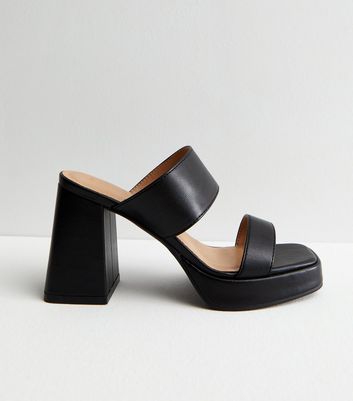 Black Leather-Look Platform Block Heel Mule Sandals New Look