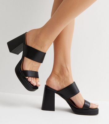 Black Leather Look Platform Block Heel Mule Sandals New Look