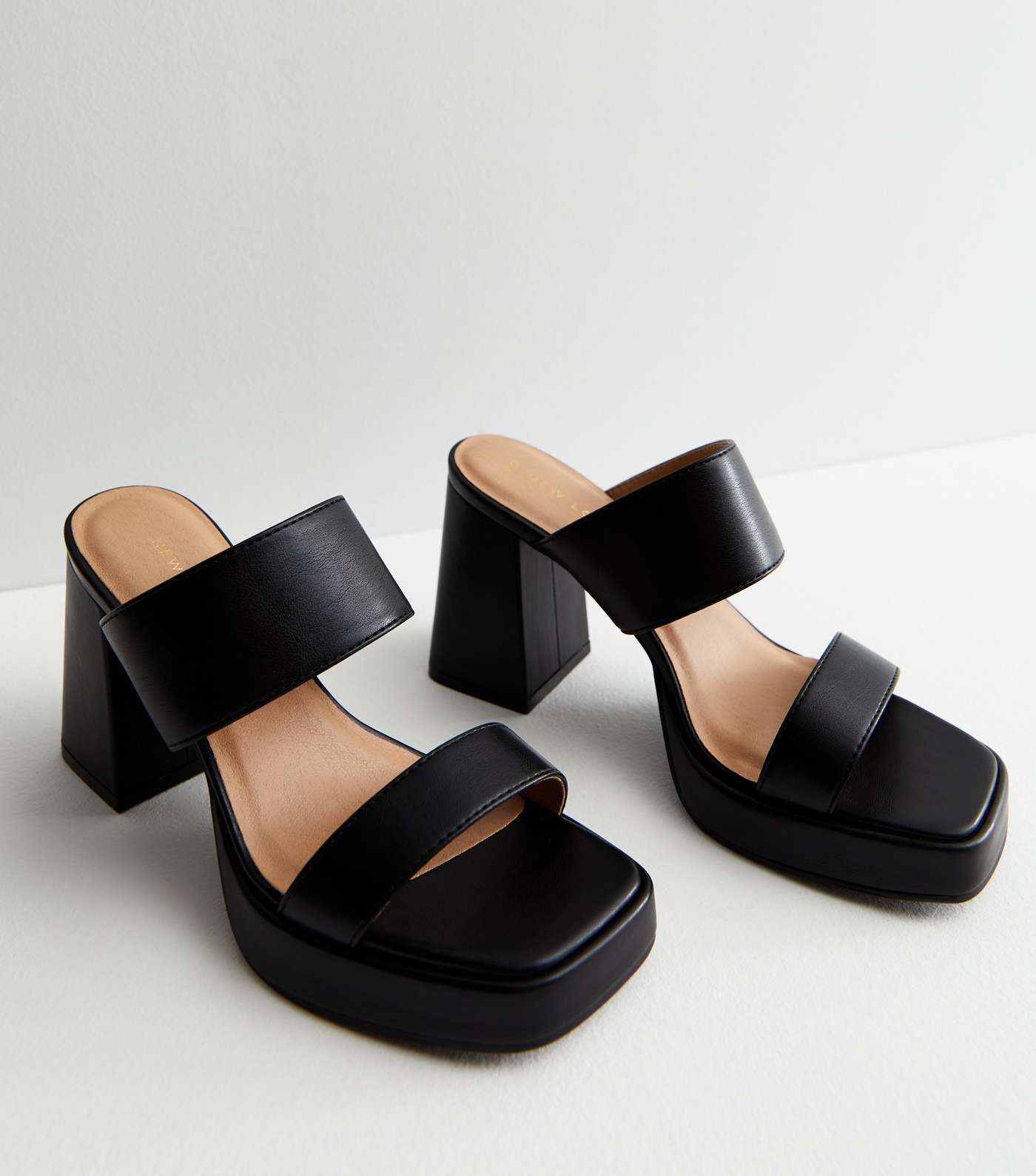 Black Leather-Look Platform Block Heel Mule Sandals Image 3