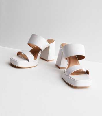 White Leather-Look Platform Block Heel Mules