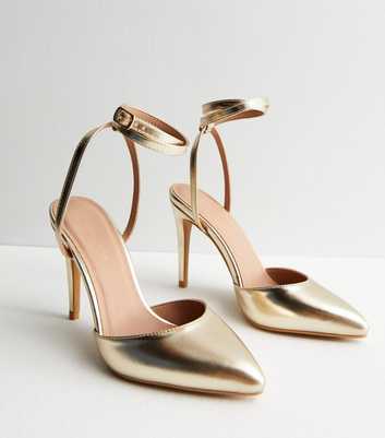 Gold Leather-Look Strappy Stiletto Heel Court Shoes