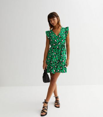 Green Leopard Print Frill Tiered Belted Mini Dress