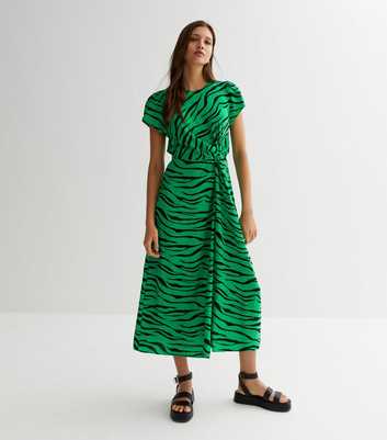 Green Zebra Print Knot Side Midi Dress
