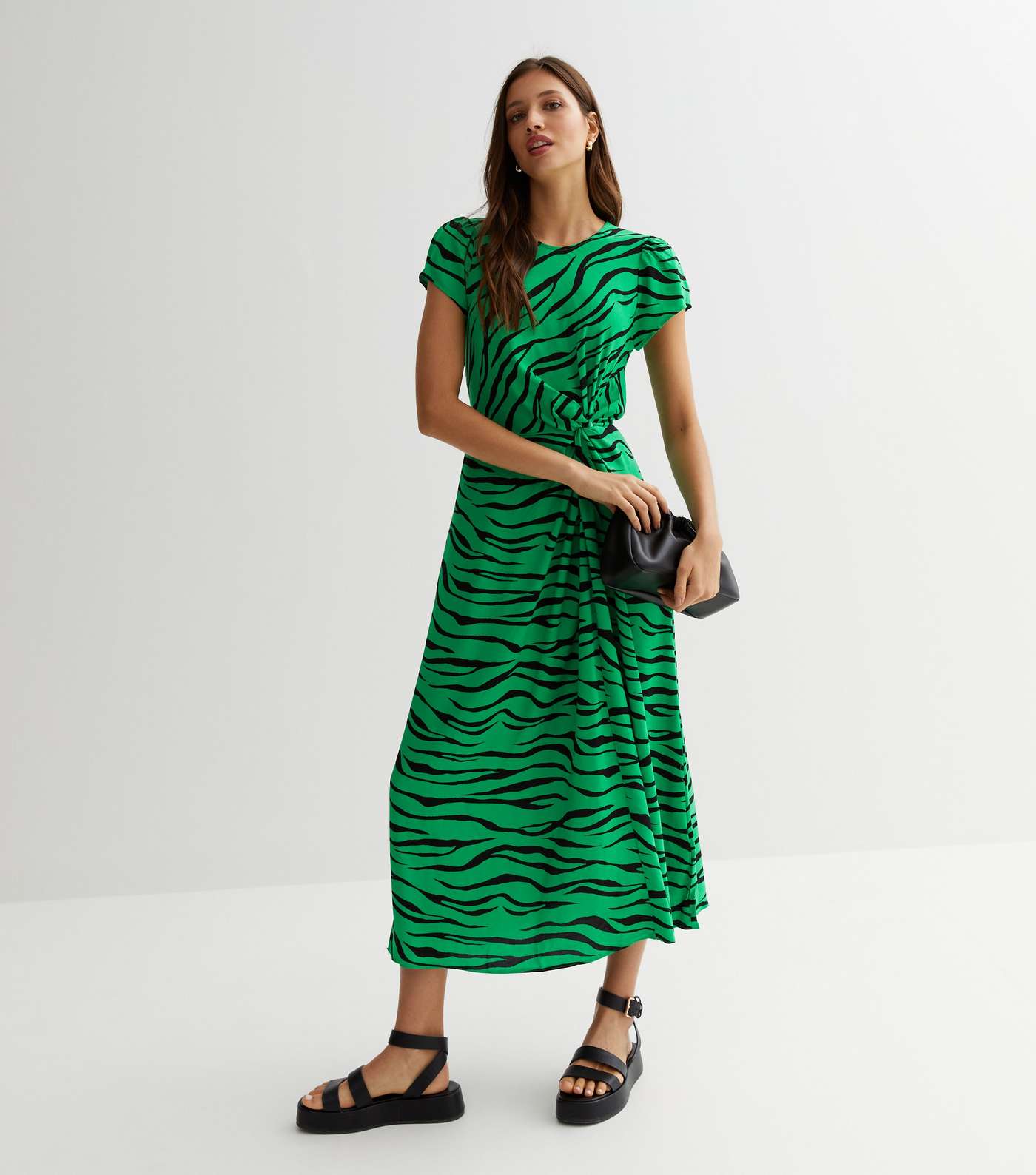 Green Zebra Print Knot Side Midi Dress Image 2
