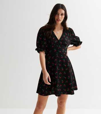 Black Cherry Textured Puff Sleeve Mini Tea Dress