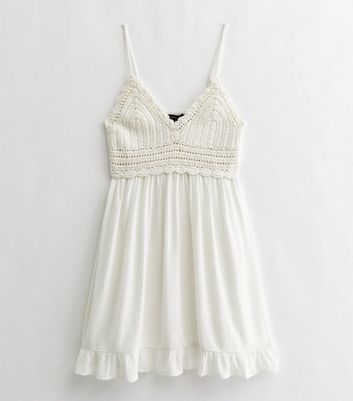 White Crochet Frill Mini Beach Dress | New Look