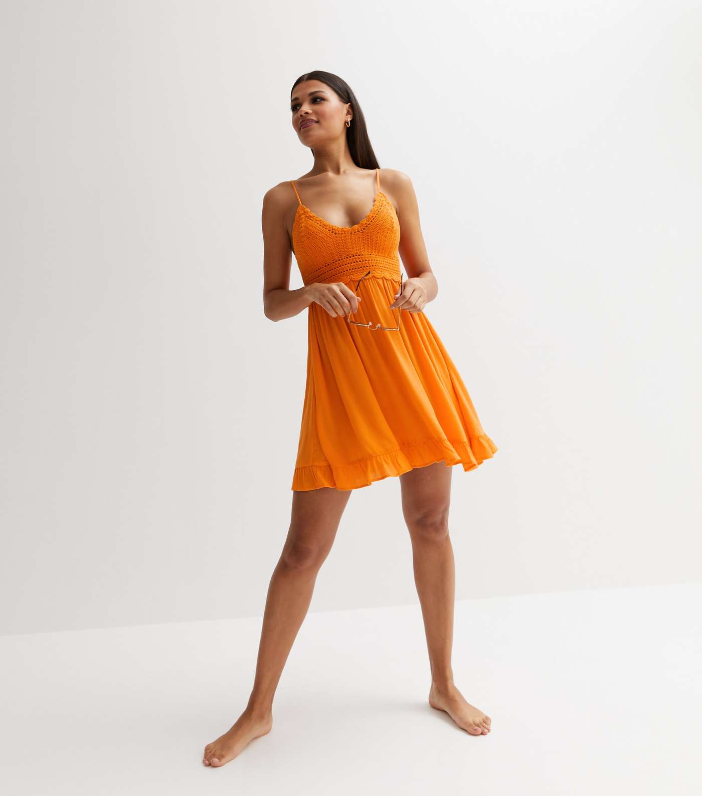 Orange Crochet Frill Mini Beach Dress Image 2