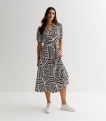 White Geometric Stripe Puff Sleeve Midi Shirt Dress