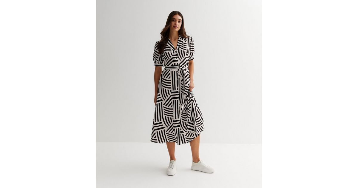 Women's White Geometric Printed Shirt Midi Dress