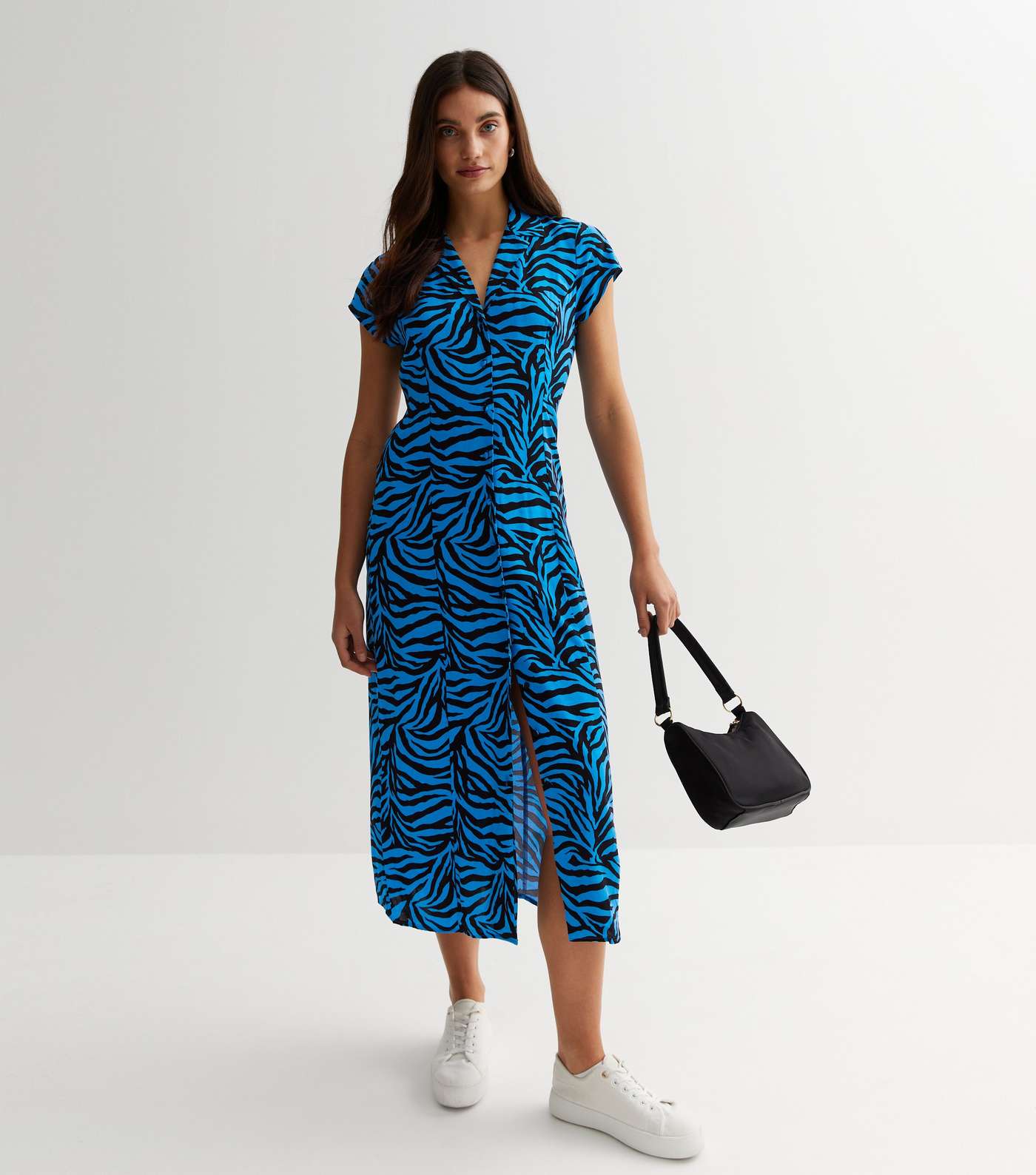 Blue Zebra Print Button Front Midaxi Shirt Dress