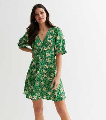 Green Floral Textured Puff Sleeve Mini Tea Dress