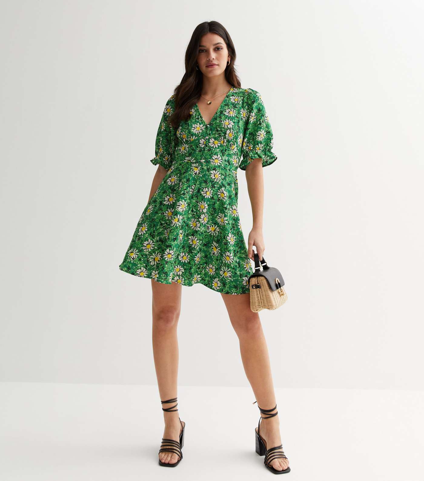Green Floral Textured Puff Sleeve Mini Tea Dress Image 2
