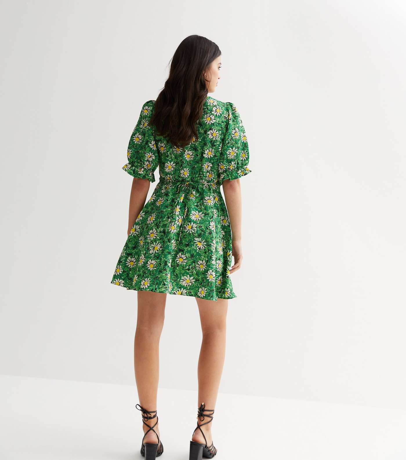 Green Floral Textured Puff Sleeve Mini Tea Dress Image 4