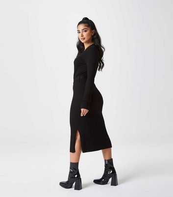 Urban Bliss Black Ribbed Knit Long Sleeve Button Front Belted Midi