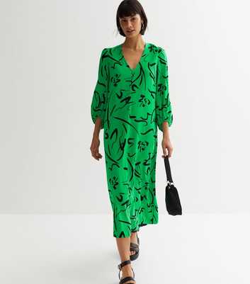Green Floral Doodle Print Puff Sleeve Midi Dress