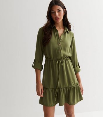 Green Drawstring Tiered Mini Shirt Dress