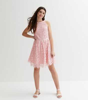 Girls Pink Lace Halter Mini Skater Dress