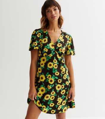 Black Sunflower Flutter Sleeve Mini Tea Dress